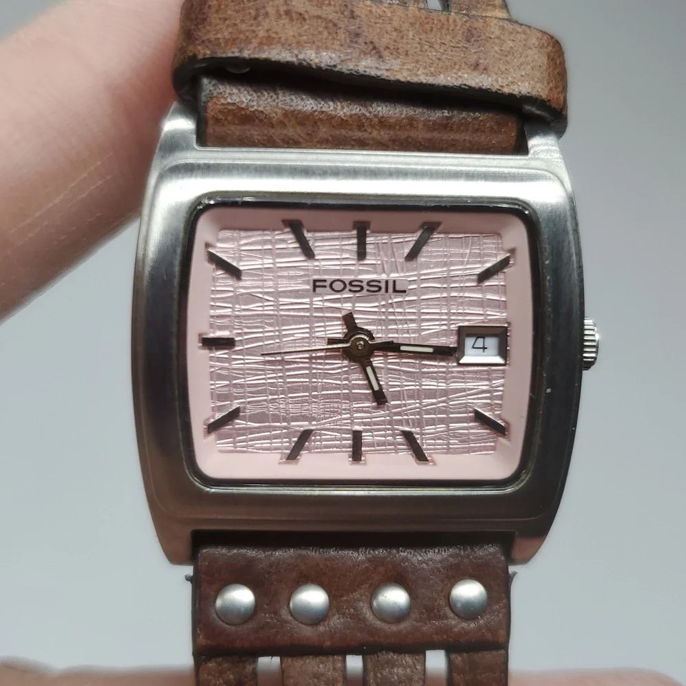 Fossil Watch JR8843 Pink Face Brown Woven Leather Band NWOT